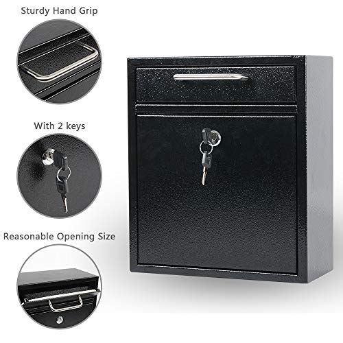 Kyodoled Steel Key Lock Mail Boxes Outdoor,Locking Wall Mount Mailbox,Security Key Drop Box,12H X 10.51L X 4.68W Inches,Black Large #TOP1