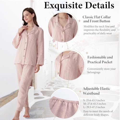 Simple&Opulence Women's 100% Linen Pajama Set Soft Shirt and Pants 2 Pieces Loungewear Slim Fit Soft and Breathable S-L4
