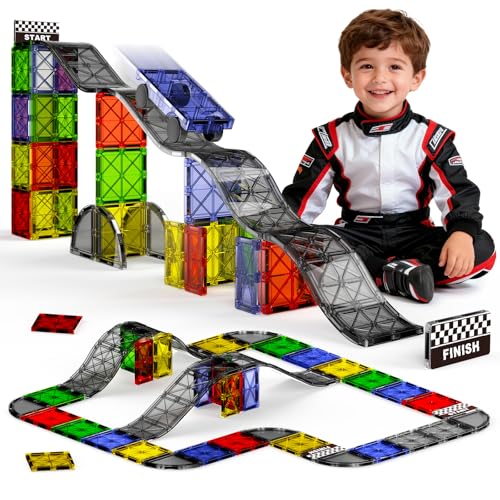 Image of Magnetic Downhill Racer Set 40-Piece with Car & Tracks, STEM Magnetic Tiles Building Toys for Kids Ages 3-8, Montessori Learning Toys with Reinforced Slopes & Loop Pieces