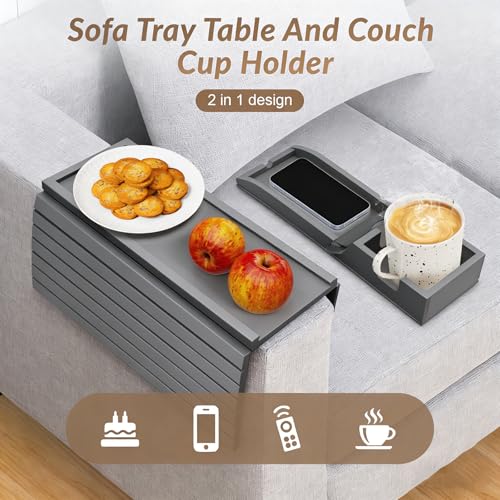 Image of FUNKYLEE Bamboo Couch Armrest Table, Couch Arm Tray with Removable Couch Cup Holder, 2 in 1 Design Foldable Anti-Slip Bamboo Sofa Arm Tray for Remote Controls, Phones, Cups and Snacks (Grey)