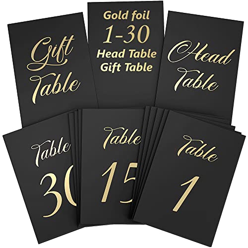 Black Table Numbers 1-30 Number Signs 4x6 with Head & Gift Table Number Cards - Seating Cardstock Signs Wedding Table Numbers Cards - Black with Gold Letters Event Stylish Decor for Reception