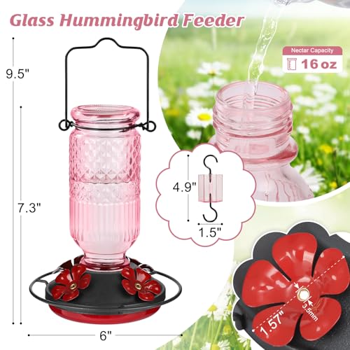 Image of FEED GARDEN Glass Hummingbird Feeder for Outdoors Hanging, 16 oz Leak-Proof Nectar Feeder with Bee Guards & Ant Moat, 4 Metal Flower Feeding Ports, 360 Perch Ring, Easy Refill & Clean, Pink