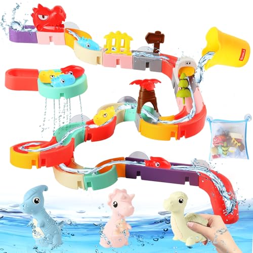 72 PCs Dinosaur Bath Toys for Kids Ages 4-8 Bathtub Water Slide Toys for Toddlers DIY Building Set with Rubber Dino Bath Toys for Birthday Gifts