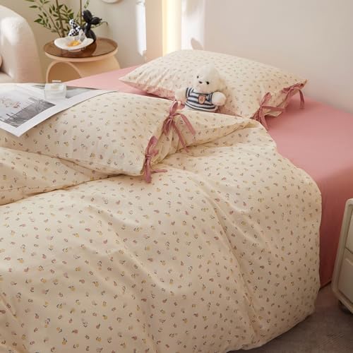 Image of LifeTB Botanical Floral Comforter Set King, Cute Colorful Flowers Pattern Cottagecore Comforter with 2 Bow Ties Pillowcases, Soft Lightweight Bedding Comforter for All Seasons Aesthetic Bedroom Decor