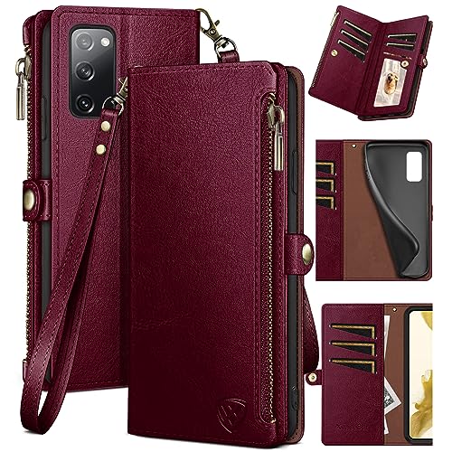 XcaseBar for Samsung Galaxy S20 FE Wallet case with Zipper Credit Card Holder?RFID Blocking?, Flip Folio Book PU Leather Phone case Shockproof Cover Women Men for Samsung S20FE case Wine Red