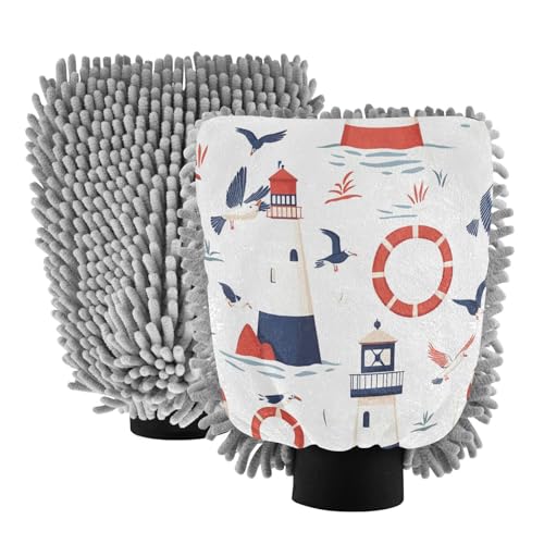 STAYTOP Seagull Lighthouse Car Wash Mitt Microfiber, 2Pcs Scratch Free Lint-Free, Premium Chenille Microfiber Mitt Car Wash Brush-M