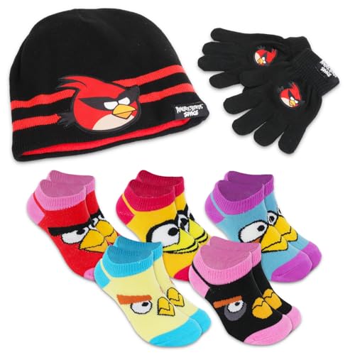 Angry Birds Girls Clothing Set - 5 Pairs of Socks Size 4-6, Winter Hat and Mittens
