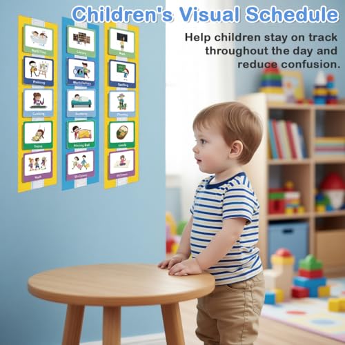 Image of PATPAT Schedule Planner Flash Cards for Kids, Wall Planner Autism Daily Chore Routine Chart with 60 Cards, 12 Background Boards, 12 Velcro, Flash Card for 3 Year Old Wall Planner for Home School