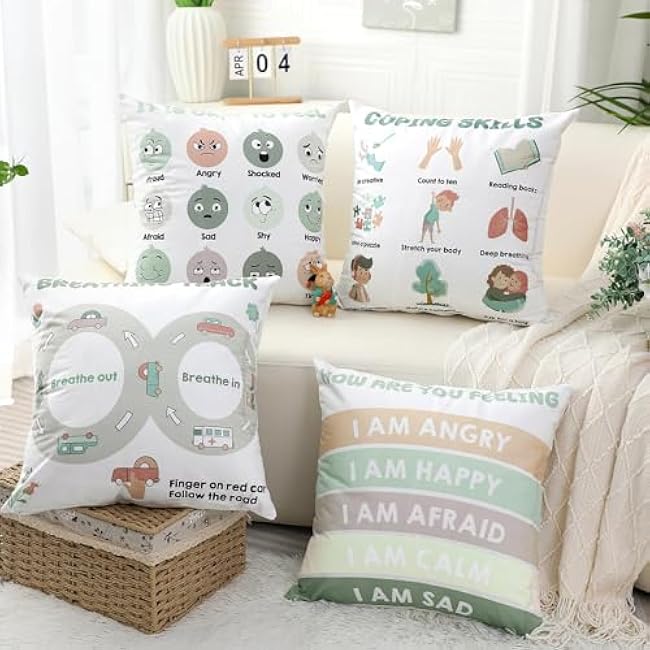 2Pcs Feelings Pillow Covers 18in Classroom Must Haves Calming Corner Item Mental Health Throw Pillowcase Kids Home Preschool Decorations Counselor Office Sensory Reading Room Calm Down Corner Supplies