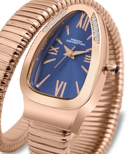 Image of French Connection Eternelle Curve | Blue Dial with Rose Gold Case | Flexible Wrap Bracelet Strap | Crystal Accent Design | Roman Numerals Analog Watch for Women - FCN0142URGM