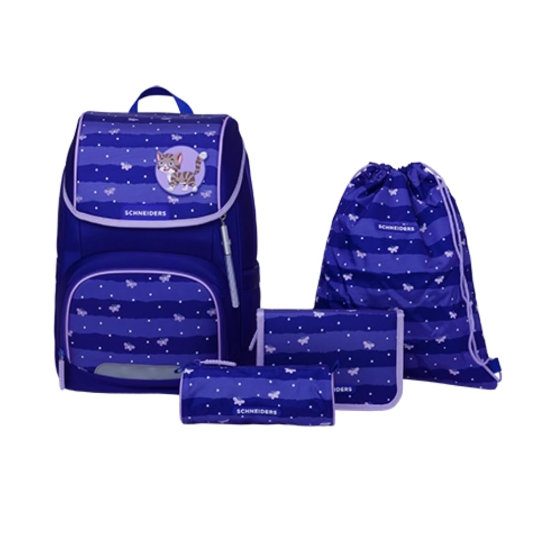 Schneiders Ergojet Schultasche Set Blissy Butterfly (6-teilig) – Mädchen-Schulranzen mit Schmetterling-Motiv, wandelbar zum Schulrucksack, LED-Licht, ergonomisch & nachhaltig, 21L, Blau/Lila