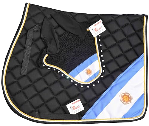 ZAINEE SPORTS Argentina Flag Saddle Pad Set with Matching Ear Bonnet – Print Horse Riding Gear – Non-Slip/Breathable – Western/English Show (Horse/Full)