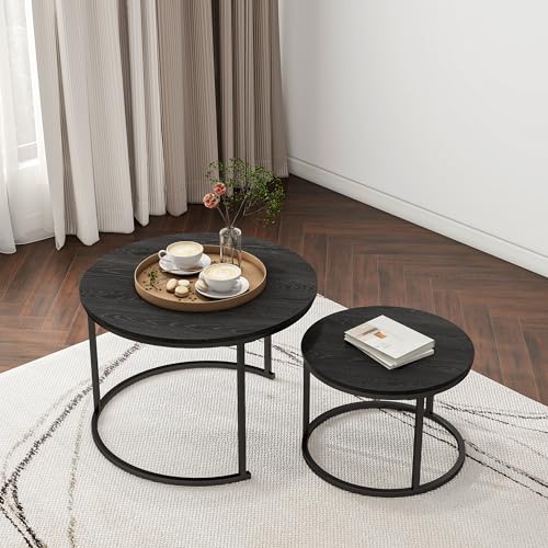 Image of HOJINLINERO Round Coffee Table,Nesting Coffee Table Set of 2,Center Tables for Living Room,Office, Home Small Space,Stacking Side Tables,Sturdy and Easy Assembly,Wood Desktop,Black,Large