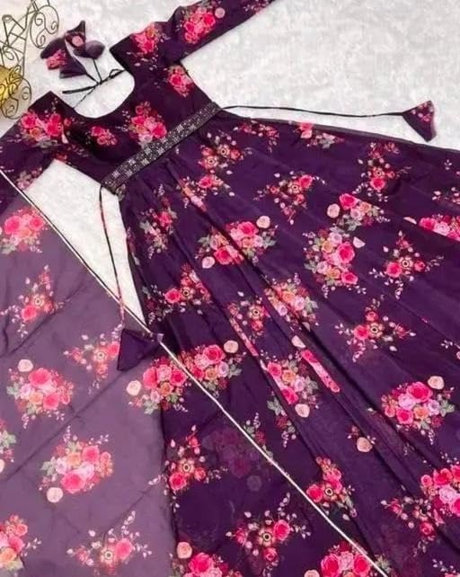 Image of Elegant Floral Printed Long Kurti with Matching Dupatta in Flowing Poly Georgette Fabric for Graceful Ethnic and Festive