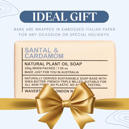 Image of Wavertree & London Santal & Cardamon Scented Natural Soap Bars (2 Bars), 7oz Moisturizing French Triple Milled Soap enriched with shea butter - Plant Oil Bath & Body Soap Bars [100% Naturally derived]