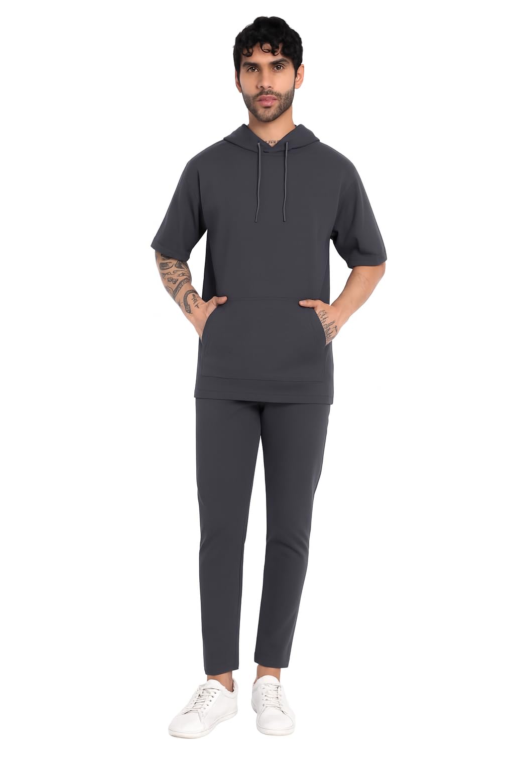 matelco Cotton Tracksuit Coord Set, Oversized Short Sleeve Hoodie T-Shirt with Pajama (IN, Alpha, S, Regular, Metal Grey)-picture-8