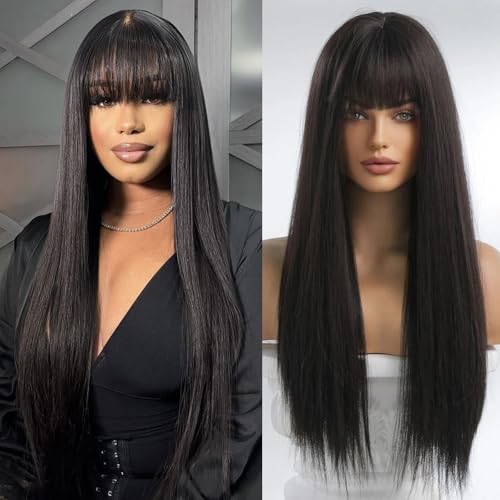 WIGOPARTY Human Hair Sleek Straight Wig with Bangs | Swiss