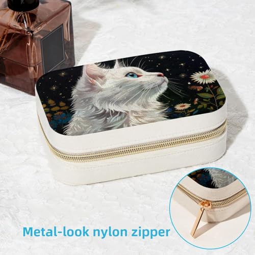 Boîte à bijoux portable chat blanc avec miroir intégré pour bagues et colliers