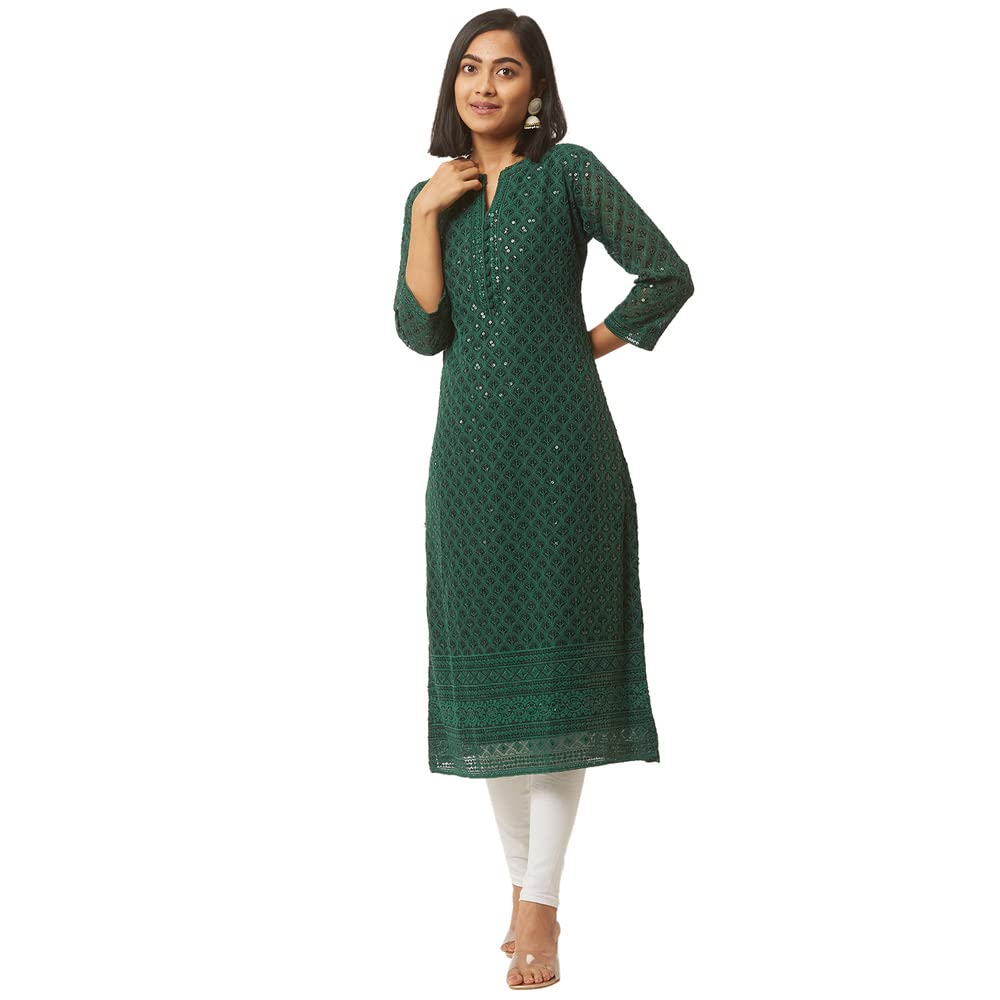 ZOLABottle Green Georgette Mandarin Collar Neck 3/4th Sleeves Chikankari Embroidery Ethnic Wear Kurta for Women(220843Bottle GreenXXXL), Bottle Green, 46