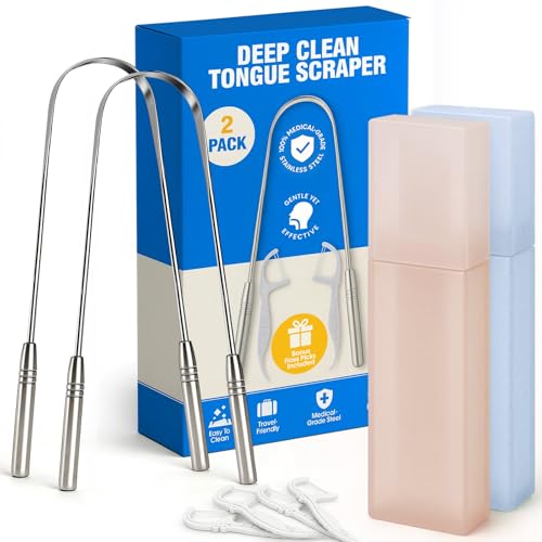Stainless Tongue Scraper Set for Adults Easy To Use For Oral Care and Hygiene Pack Of 2 Stainless Steel Tongue Cleaners 2 Travel Cases 4 Floss Picks Cleaning for Tongue Care & Fresh Breath