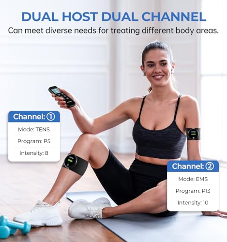 Image of NURSAL Wireless TENS Unit Muscle Stimulator, Dual Host TENS EMS Machine for Pain Relief, 18 Modes 20 Intensity Remote Control Pulse Physical Electrotherapy for Back Shoulder Pain (2 Pads)