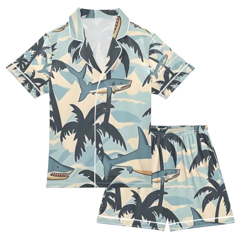 senya Coconut Tree Shark Satin Summer Pajama Sets Silk Short Sleeve Button Down Sleepwear