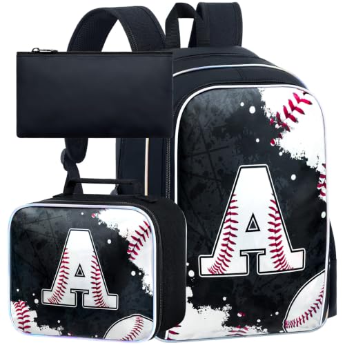 Image of gxtvo 3PCS Boys Baseball Backpack, 17 inch Kids Letter Bookbag with Lunch Box, Water Resistant Middle Elementary School Bag - Baseball A