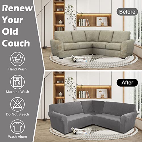 Okyuk 3 Piece Corner Sectional Couch Covers 4 Seater + 1 Corner Seat L Shape Sectional Sofa Covers Soft Stretch Velvet Corner Couch Cover For Sectional Sofa (Gray) #TOP6