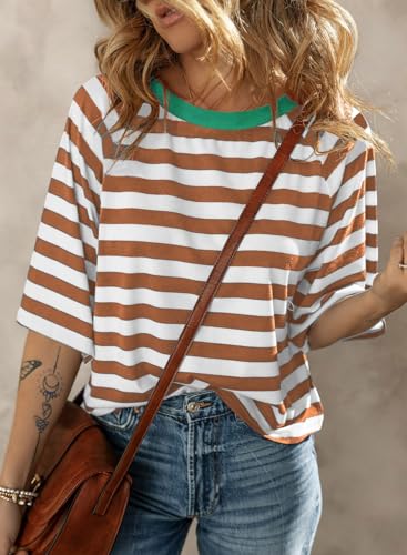 Dokotoo Tops for Women Striped 2025 Fashion T Shirts for Women Color Block Crewneck Design Loose Basic Tee