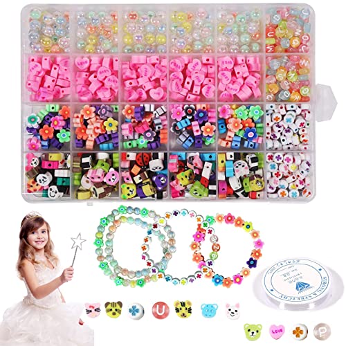 Bocguy 600 pièces Perle Plates, perle plate pour bracelet, bijoux, bracelets, colliers, kit de fabrication de ficelles, Lettre Acrylique Coeur Fleur Kit de Perles Colorées Cadeau Enfants Fille Cover