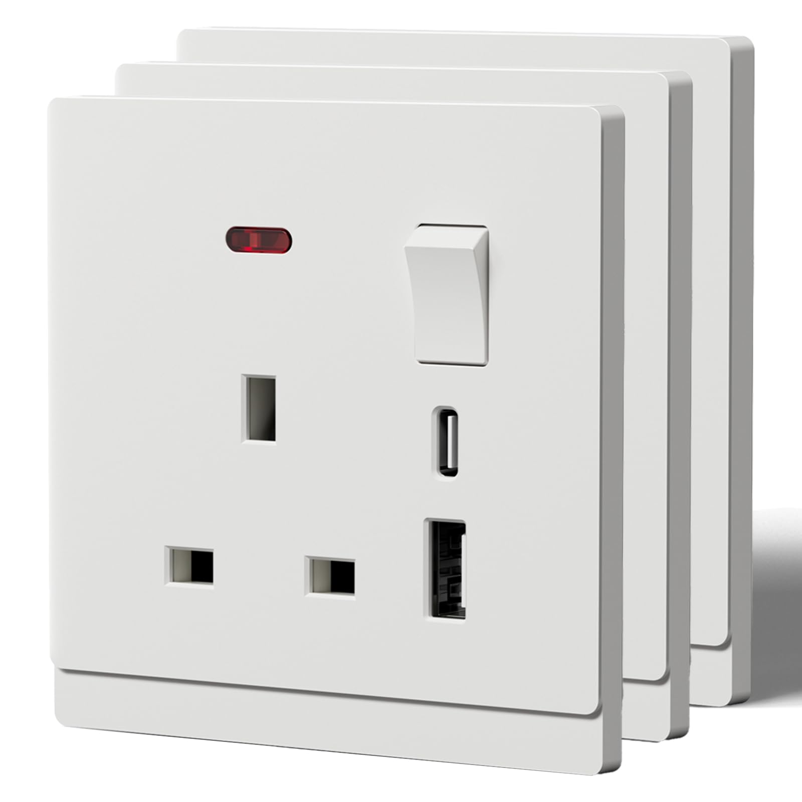 BSEED Single Socket with USB C,Tactile Finish Switched Wall Sockets,13A Electric Power Outlet,Individual Control & LED Indicator,Designer Wall Plate,Single-3 Pack,86mm White