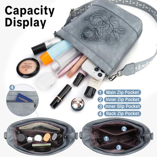 Image of Crossbody Purses for Women, Trendy Embossed Vegan Leather Bucket Bag, Travel Shoulder Handbag with 2 Detachable Straps