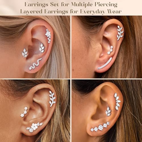 9Pcs Flat Back Cartilage Earrings for Women Trendy 16G Tragus Conch Helix Piercing Jewelry Stainless Steel Snake Star CZ Flat Back Stud Earrings Set3