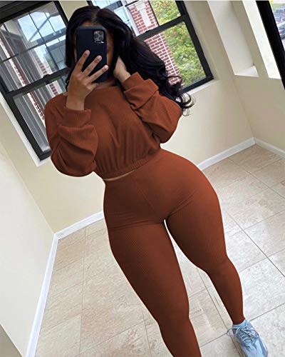 Womens 2 Piece Outfit Ribbed Long Sleeve Pullover Crop Tops Bodycon Long Pants Set Fall Sweatsuits Tracksuit Loungewear Sets Coffee