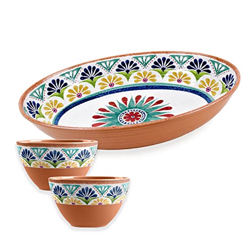 Purely Home Rio Medallion Melamine/Plastic Outdoor/BBQ/Picnic - Oval Bowl & 2 x Dipping Bowls Set