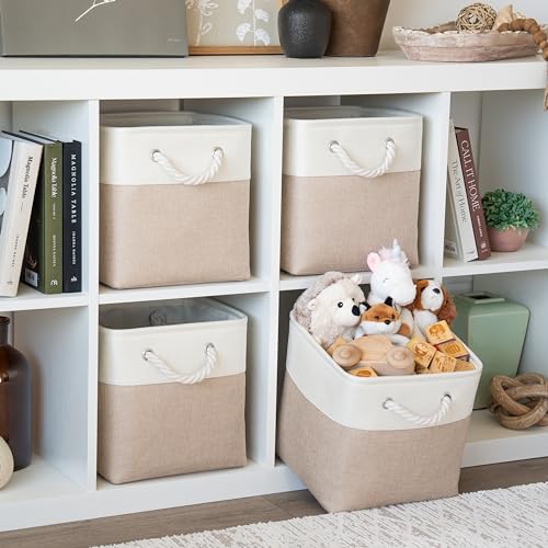 OrganiHaus Fabric Storage Boxes, Set of 3 Foldable 28x28 Cube Organiser Bins with Rope Handles for Shelves, Nursery & Closet, Collapsible Storage Baskets for Toys, Clothes & More - Beige/Off-White - Cosy Home Interiors OrganiHaus Fabric Storage Boxes, Set of 3 Foldable 28x28 Cube Organiser Bins with Rope Handles for Shelves, Nursery & Closet, Collapsible Storage Baskets for Toys, Clothes & More - Beige/Off-White - Image 3