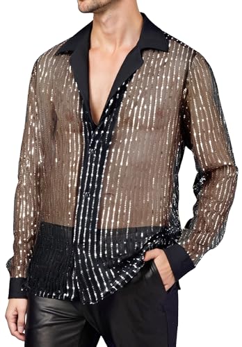 AIEOE Herren Glitzer Netzshirt Transparente Mesh Hemd Karneval Outfit Bühne Faschingskostüm Sexy Shirt Schwarz M