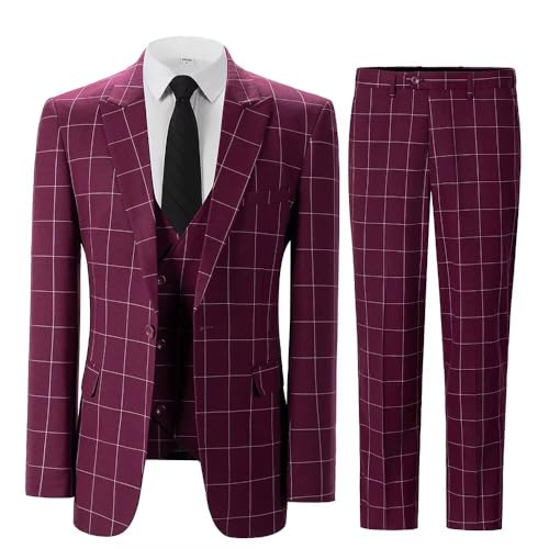 Men's Plaid 3 Pieces Suits Slim Fit Tuxedo Sets for Men Business Formal Wedding Groomsmen Solid Blazer Jacket Vest Pants Sets