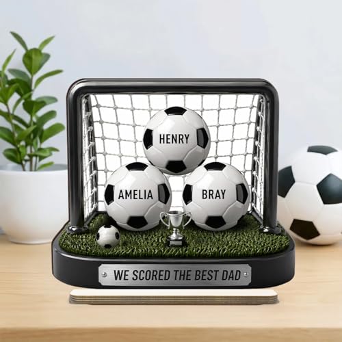 NAZENTI We Scored The Best Dad Soccer Goal Personalized Standing Wooden Plaque Custom Soccer Lover Gift Custom Plaque for Dad with Kids Name Fathers Day Birthday Gifts for Him