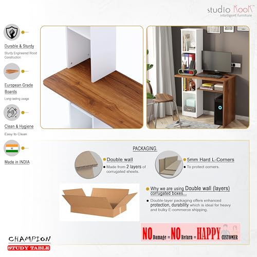 Image of Studio Kook Champion Engineered Wood Study Table with Storage, Matte Finish, 5 Shelves (Moonshine White Amber Walnut)