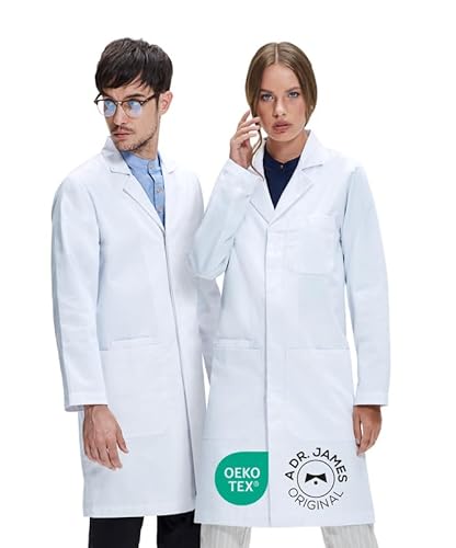Dr. James Premium Unisex Lab Coat for Men & Women, Phone & Tablet Pockets, Classic Fit, Concealed Snap Closing, 39