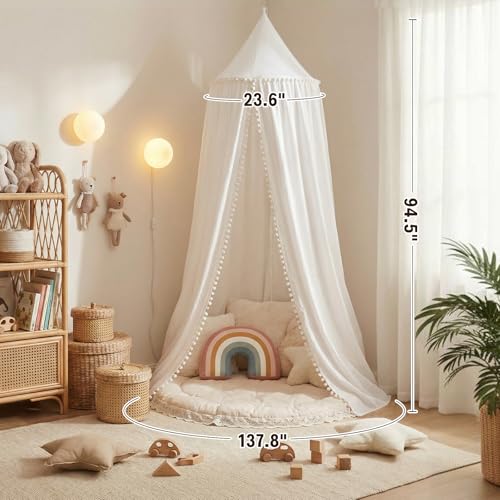 Image of LOAOL Bed Canopy with Pom Pom Cotton Canopy for Kids Crib Baby Girl Netting Cover Canopy Crib Curtain Reading Nook Hanging Tent Nursery Play Game Castle Room Decoration (White)
