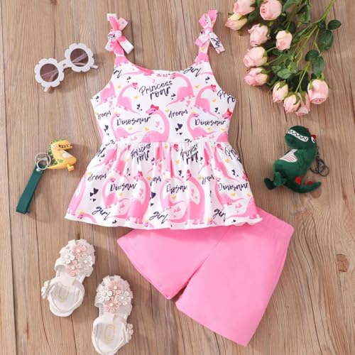 Image of Toddler Girls Clothes Summer Short Set Outfit Tie Knot Shoulder Sleeveless Ruffle Tops and Shorts 2PC Clothing Set