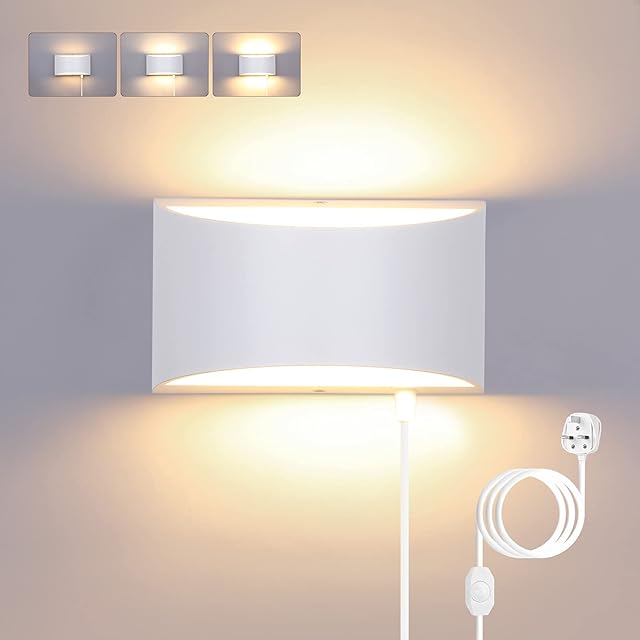 Glighone LED Wall Lights Indoor Up Down Wall Lamp Dimmable Wall Lighting Modern White 12W with Switch & Plug in Decorative for Living Room Bedroom Hallway Stair, Warm White(2 COB Lamp Beads Include)
