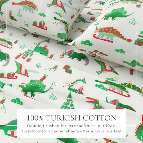 Great Bay Home Christmas Flannel Sheet Set Queen Size - 100% Turkish Cotton, Double-Brushed, Winter Bed Sheets - Ultra-Soft, Cozy, 4-Piece Holiday Bedding Set (Christmas Dinosaur) by Great Bay Home - Image 2