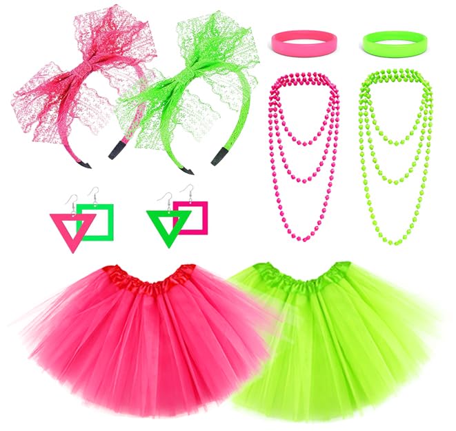 10Pcs 80s Neon Workout Costume Accessories Set Neon Tutu Skirts 90s Headband 1980s Earrings for Women Necklace Silicone Bracelet Neon Outfit 80s Party