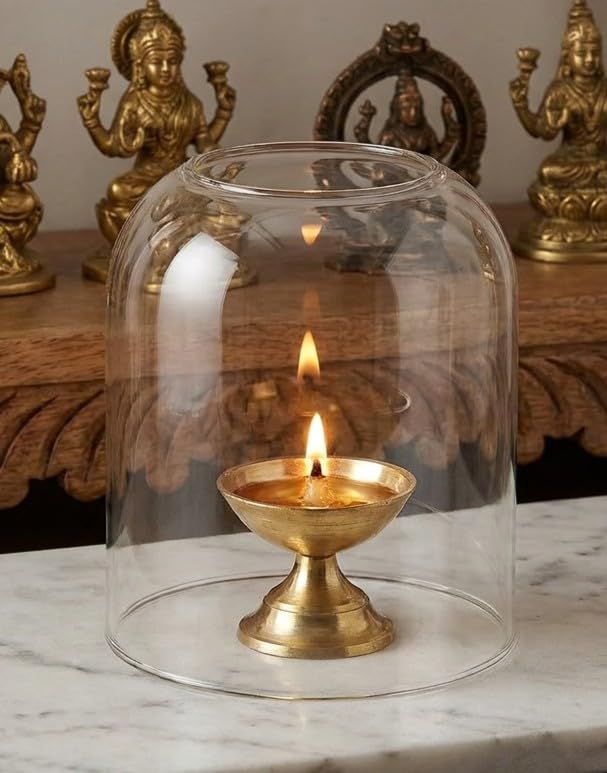 Curved Transparent Borosilicate Glass Shade for Tealight Diya | Decorative Diya Cover for Mandir, Pooja, Bedroom & Home | Gift Accessory | 3 inches Height, 2.7 inches Width | Pack of 1-picture-22