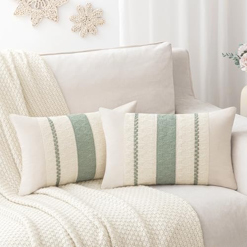 Image of Laolitou Set of 2 Boho Throw Lumbar Pillow Covers 20×12, Rustic Farmhouse Cotton Linen Soft Sage Green Decorative Pillow Cover for Living Room Sofa Bedroom Couch Cushions Home Decor