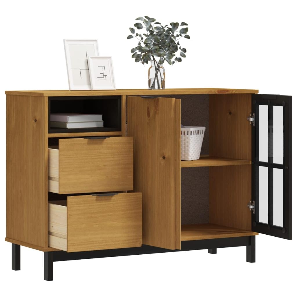 Komoda ze szklanymi drzwiami FLAM 110 x 40 x 80 cm, lite drewno sosnowe, salon, korytarz, jadalnia, solidne wzornictwo, miejsce do przechowywania, drewniane nogi, drzwi drewniane i szklane