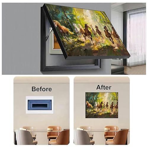 Image of Electric MCB Box Cover Frame With Hydraulic Decorative Painting White 8 Running Horse Painting Electrical Panel box Cover, Switch Box Frame Will Fit Max 10x14 inch Switch Board, Outer Size 13X17 Inch